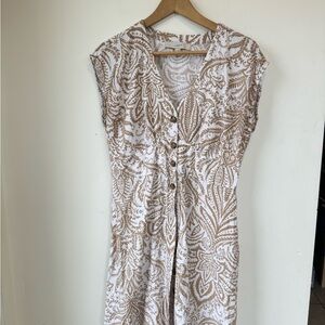LOFT Cream and Tan Paisley Button-Front Midi Dress